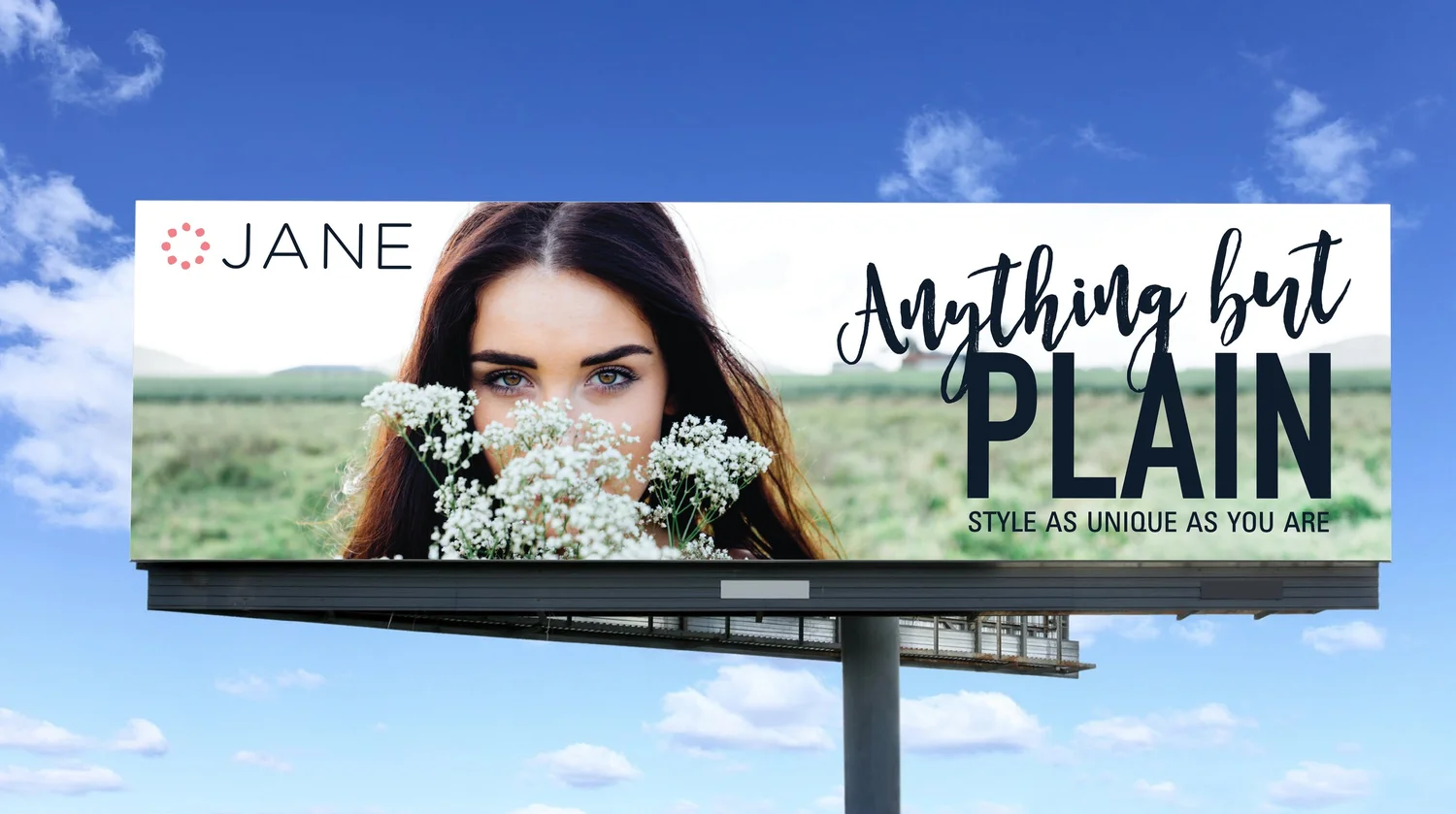 Jane.com "Anything but Plain" billboard concept with floral backdrop