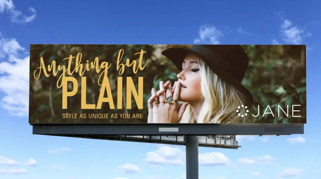 Jane.com "Anything but Plain" gold billboard concept with blonde model