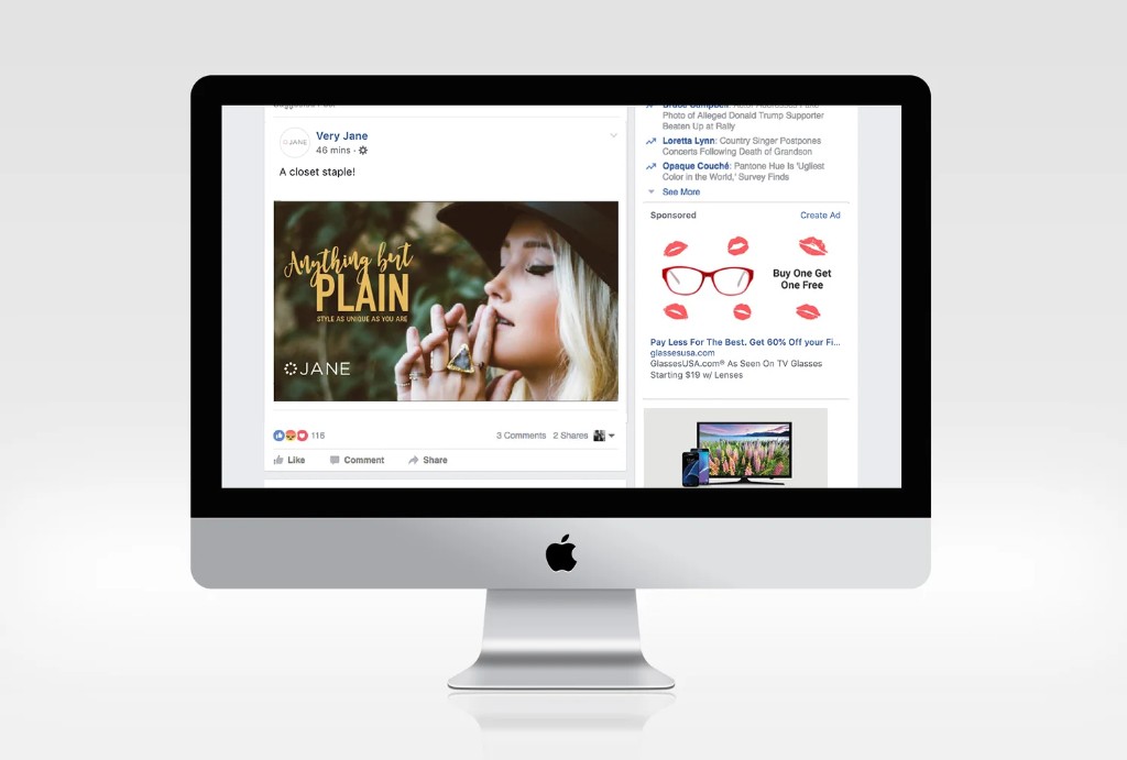 Jane.com campaign creative shown in a Facebook feed on an iMac mockup