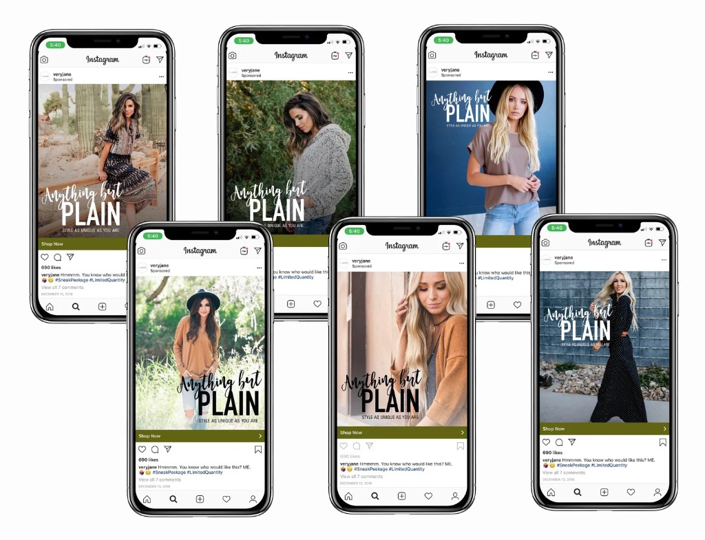 Jane.com social campaign shown across multiple iPhone Instagram mockups