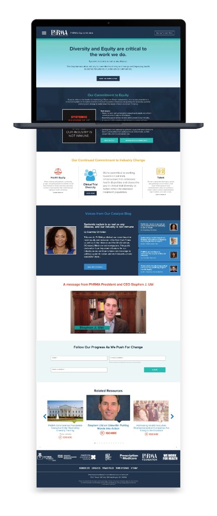 PhRMA Equity Initiative full page on desktop (navy and teal theme)