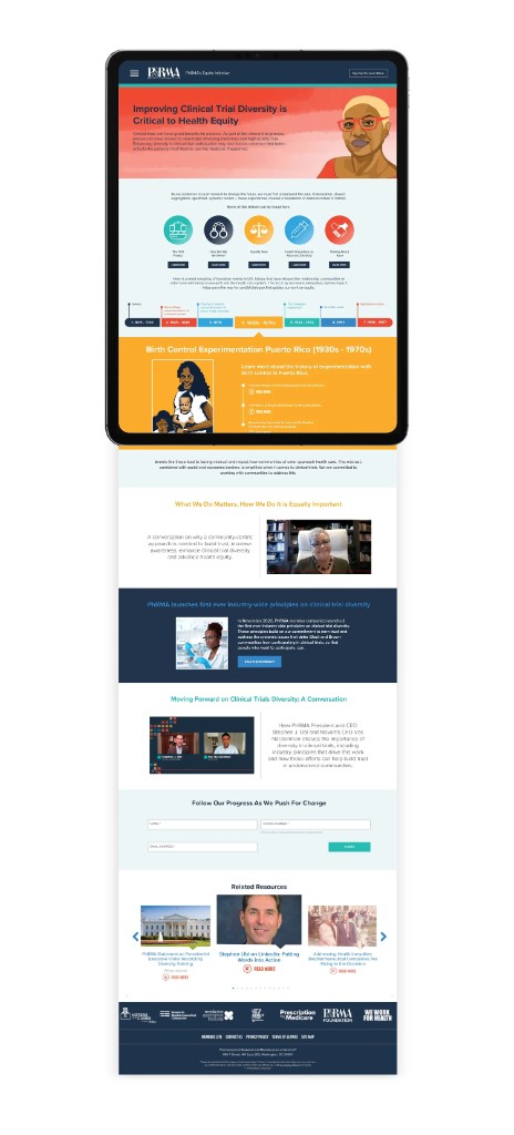 PhRMA Equity Initiative long scroll with tablet hero and warm illustration theme