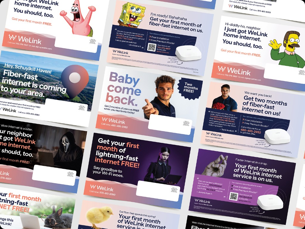 WeLink direct mail postcard campaign concepts